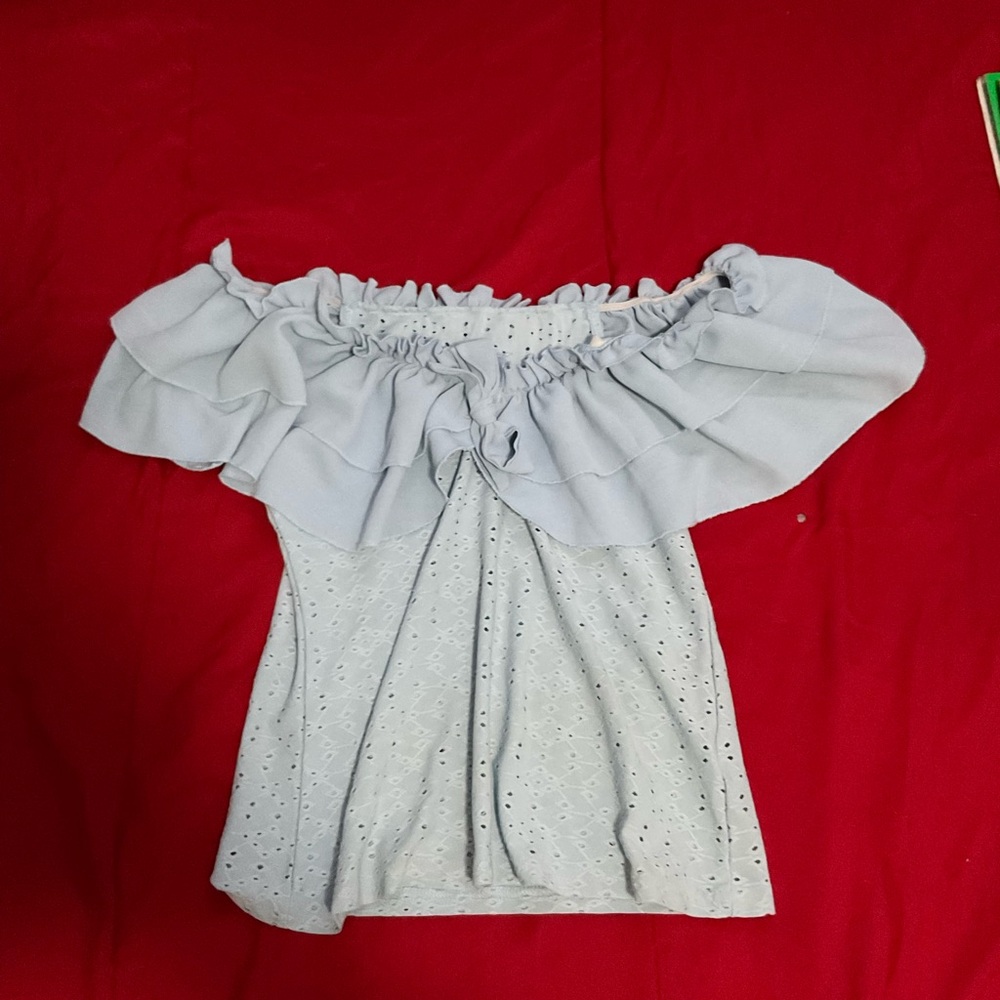 Light blue off the shoulder top with ruffles
